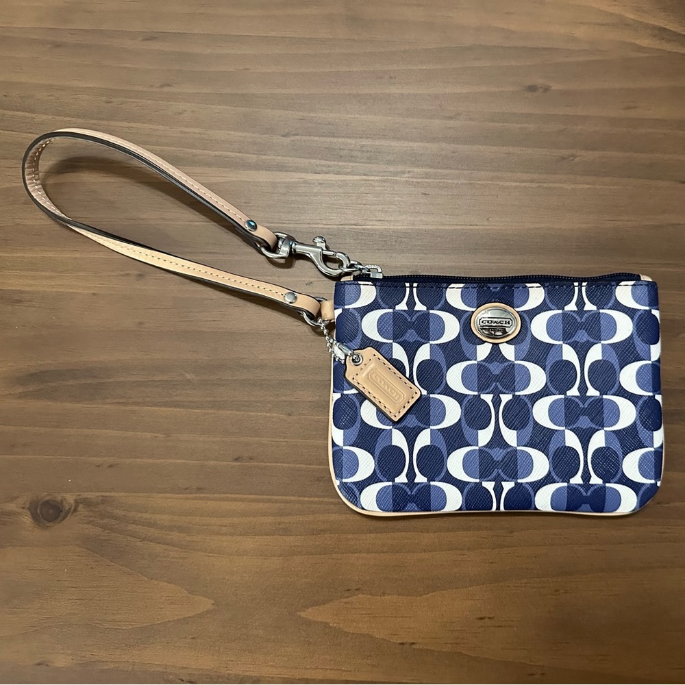 Coach Blue White and Tan Wristlet